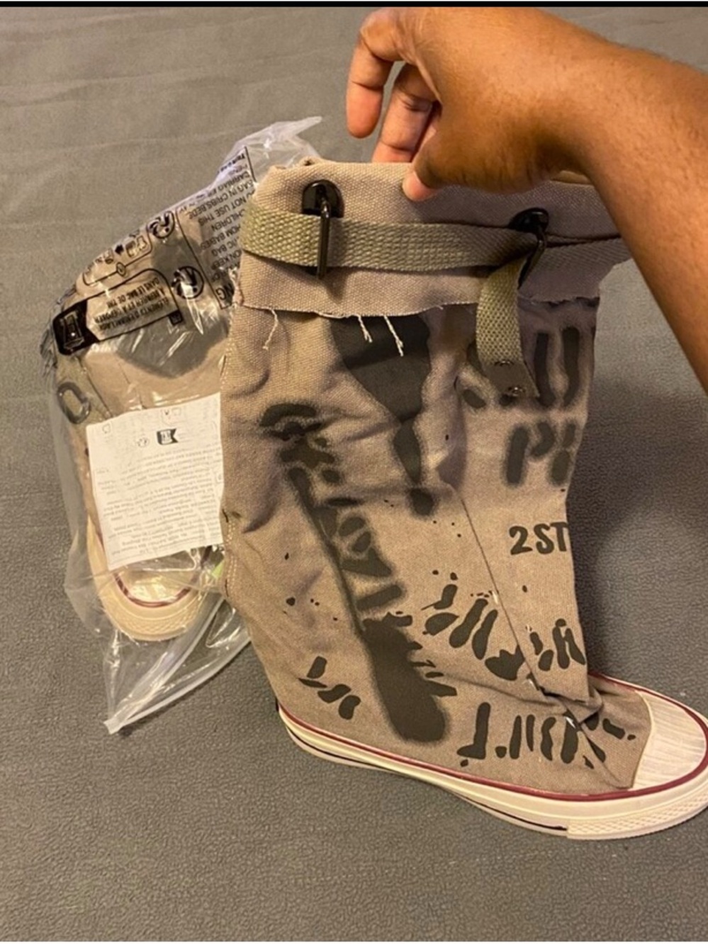 Canvas High-Top Boots in Beige with Black Print